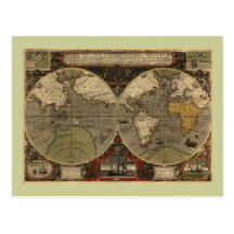 Mapa del mundo 1595 del vintage de Jodocus Hondius Postales