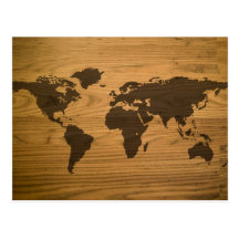 Mapa del mundo de madera del grano tarjetas postales