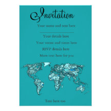 mapa del mundo del aquamarine invitación personalizada