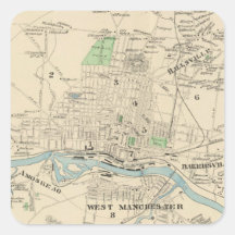 Mapa del vintage de Manchester NH (1892) Calcomanía Cuadradas Personalizadas