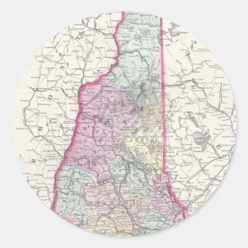 Mapa del vintage de New Hampshire (1855) Pegatina Redonda