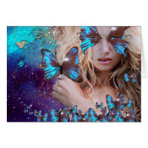MARIPOSA AZUL EN CHISPAS DEL ORO VERDE DEL TRULLO TARJETÓN
