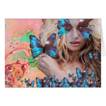 MARIPOSA AZUL EN CHISPAS ROSADAS DEL ORO VERDE TARJETA