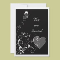 Mariposa elegante y corazón negros y blancos invitaciones