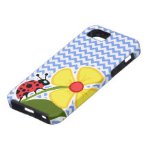 Mariquita y flor; Modelo azul de Chevron iPhone 5 Case-Mate Protectores