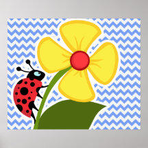 Mariquita y flor; Modelo azul de Chevron Posters
