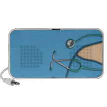 Médico azul friega altavoces