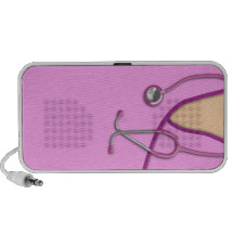 Médico rosado friega laptop altavoces