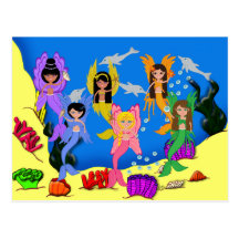 Merfairies en el océano con la postal de los delfí