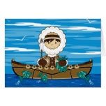 Mini pescador lindo del Inuit en tarjeta del kajak