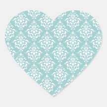 Modelo blanco azul claro 1 del damasco del vintage pegatinas de corazon personalizadas