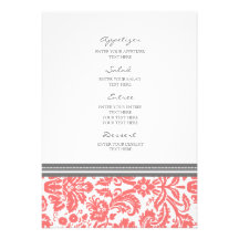 Modelo gris coralino del damasco del menú del boda invitaciones personalizada