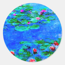 Monet: Ilustraciones del rojo de los lirios de agu Etiqueta Redonda