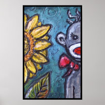 Mono y girasol FELICES del calcetín Poster