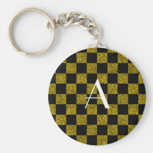 Monograma amarillo y brillo negro a cuadros llaveros