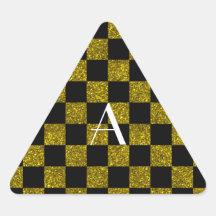 Monograma amarillo y brillo negro a cuadros calcomanía de triangulo personalizadas