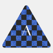 Monograma azul y brillo negro a cuadros calcomanías trianguladas