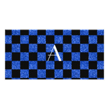 Monograma azul y brillo negro a cuadros tarjeta con foto personalizada