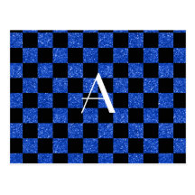 Monograma azul y brillo negro a cuadros tarjeta postal