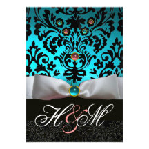 MONOGRAMA BLANCO DEL DAMASCO DEL NEGRO AZUL DEL RO INVITACIONES PERSONALIZADA