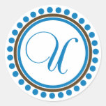 Monograma de U (azul/círculo del punto de Brown) Etiqueta