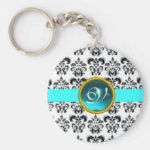 MONOGRAMA del DAMASCO del AQUAMARINE, turquase azu Llavero Personalizado
