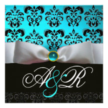 MONOGRAMA NEGRO AZUL DEL DAMASCO DE LA CINTA BLANC INVITACION PERSONALIZADA