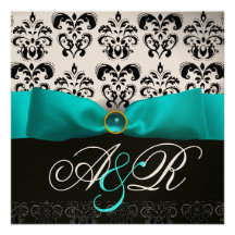 MONOGRAMA NEGRO BLANCO DEL DAMASCO DE BLUE RIBBON  INVITACION PERSONALIZADA