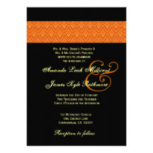 Monograma negro emplumado naranja del boda de Chev Invitacion Personal