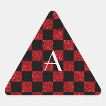 Monograma rojo y brillo negro a cuadros calcomania de triangulo personalizadas