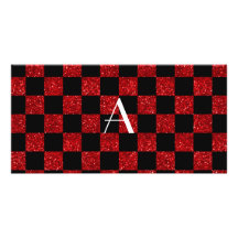 Monograma rojo y brillo negro a cuadros tarjetas fotográficas 