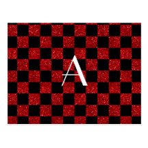 Monograma rojo y brillo negro a cuadros tarjetas postales