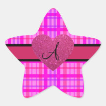 Monograma rosado de la tela escocesa calcomanía forma de estrella