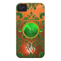 MONOGRAMA VERDE ANARANJADO DEL DAMASCO DEL TRÉBOL  Case-Mate iPhone 4 PROTECTORES