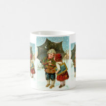 Muchacho, chica y paraguas taza
