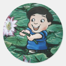 Muchacho taiwanés en la charca del lirio etiqueta