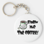 Muéstreme las camisetas y los regalos del café llaveros