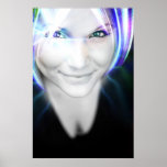 Mujer futurista del pelo que brilla intensamente poster