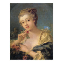 Mujer joven con un ramo de rosas postales