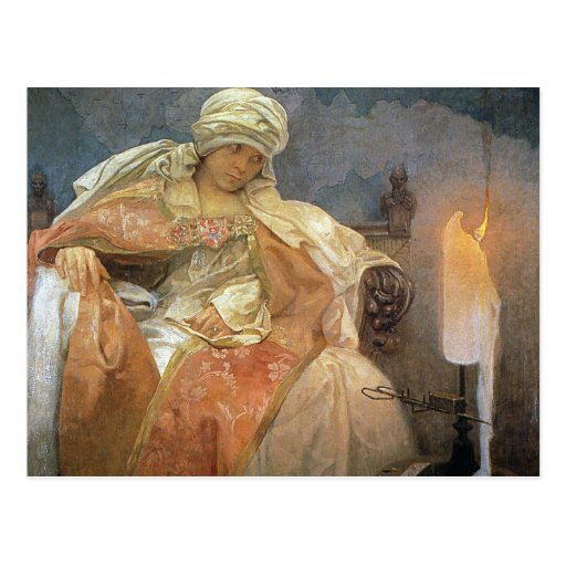 Mujeres del ~ de Alfons Mucha con la vela ardiente Tarjetas Postales