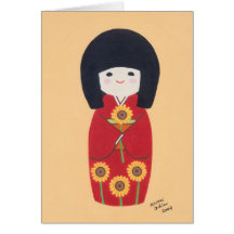 Muñeca de Kokeshi con el girasol Tarjetas