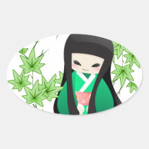 Muñeca japonesa del geisha - serie verde pegatinas de óval