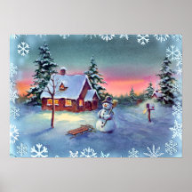 MUÑECO DE NIEVE, COPOS DE NIEVE y TRINEO de SHARON Posters