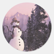 Muñeco de nieve en bosque del árbol de navidad pegatina redonda