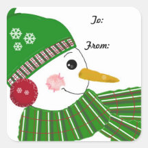 Muñeco de nieve en gorra y bufanda verdes pegatinas cuadradas personalizadas
