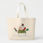 Muñeco de nieve feliz que sostiene un bastón de ca bolsa de mano