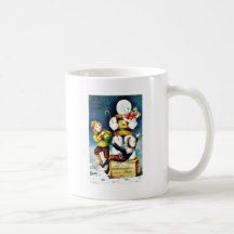 Muñeco de nieve que juega con los niños que tienen tazas