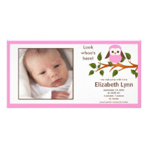 Nacimiento rosado Annoucement de la niña del búho Tarjetas Con Fotos Personalizadas