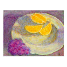 Naranja, uvas y placa, postal