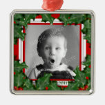 Navidad acebo, marco de la foto, ornamento rojo de adorno para reyes